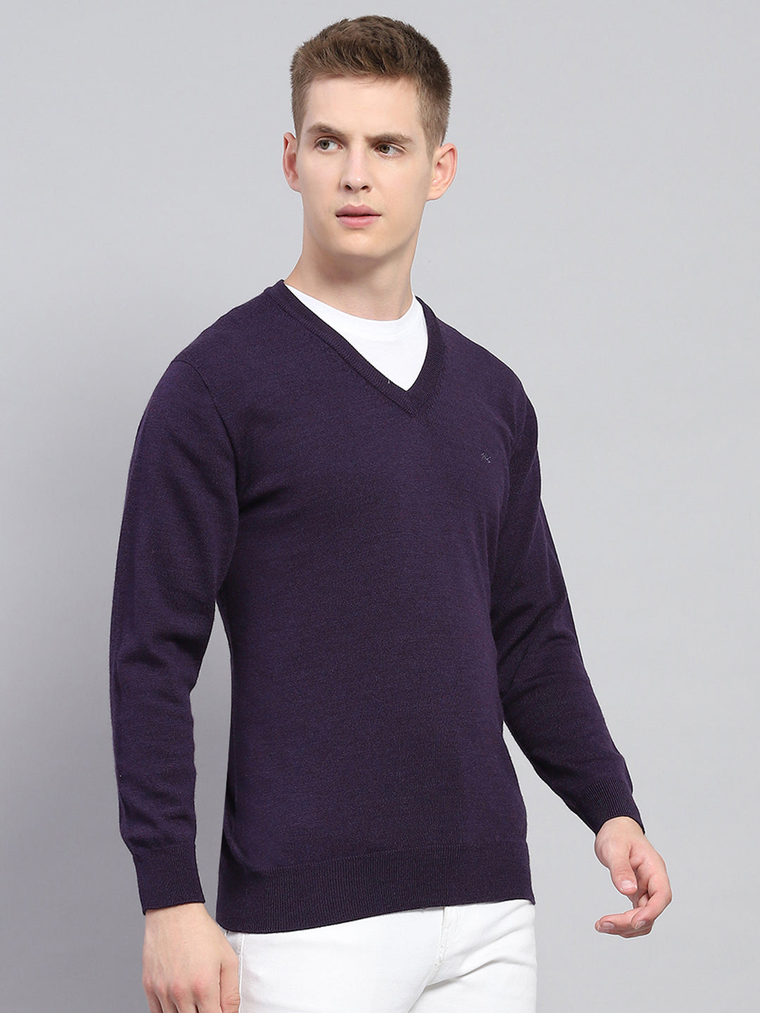 Men Purple Solid V Neck Full Sleeve Pullover