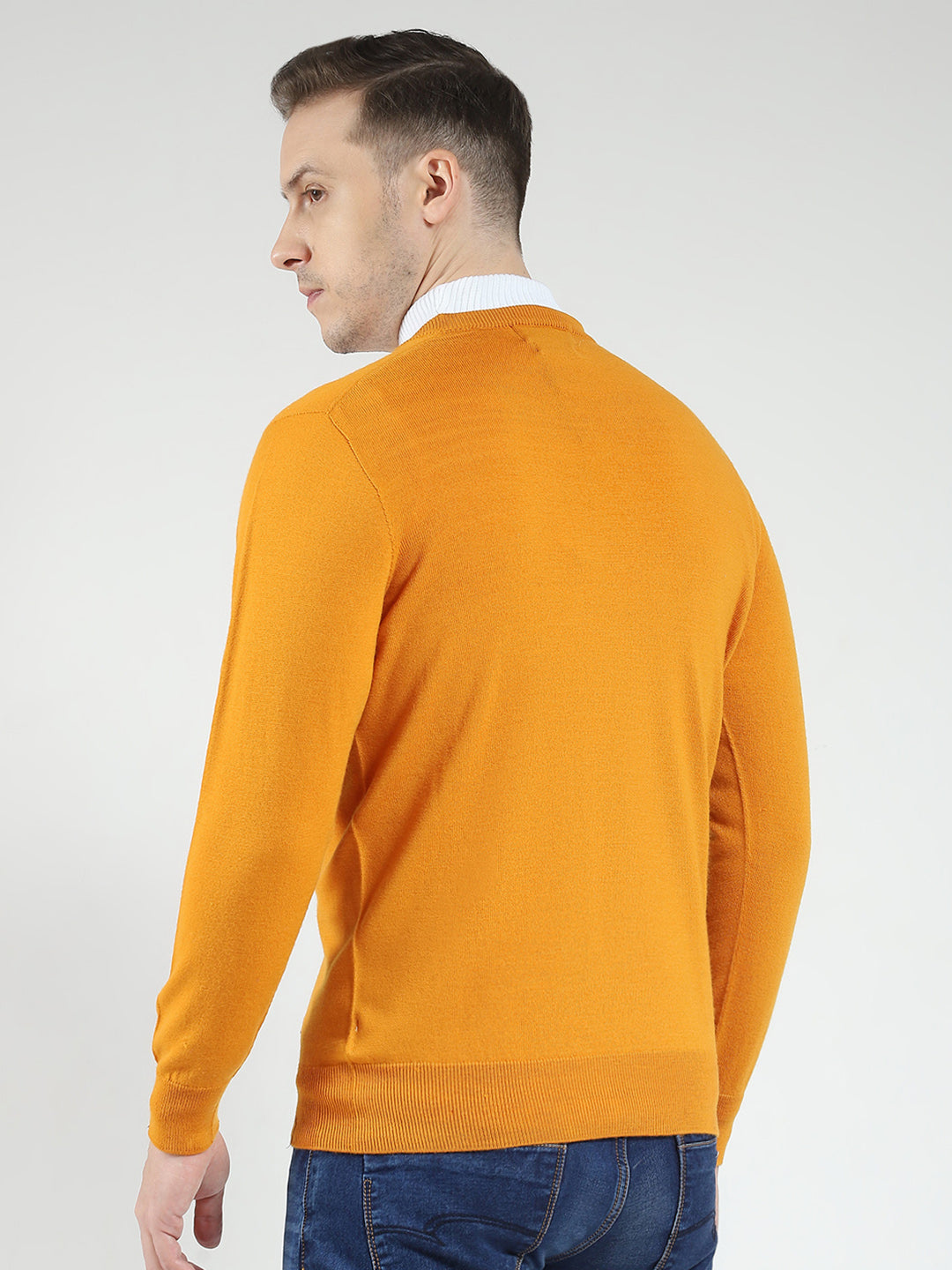 Men Yellow Solid V Neck Full Sleeve Pullover