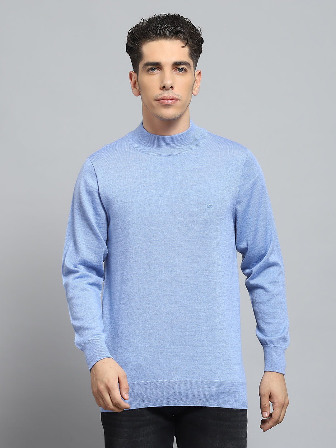 Men Blue Solid Mock Neck Full Sleeve Pullover