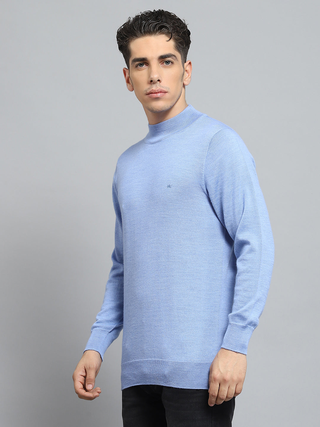 Men Blue Solid Mock Neck Full Sleeve Pullover
