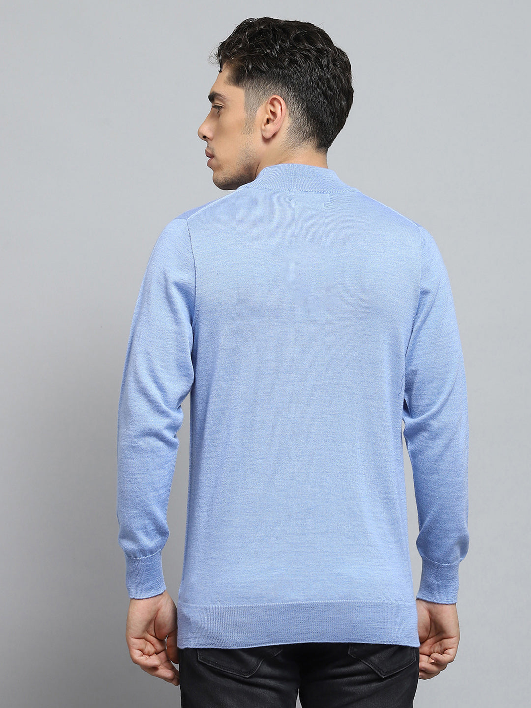 Men Blue Solid Mock Neck Full Sleeve Pullover