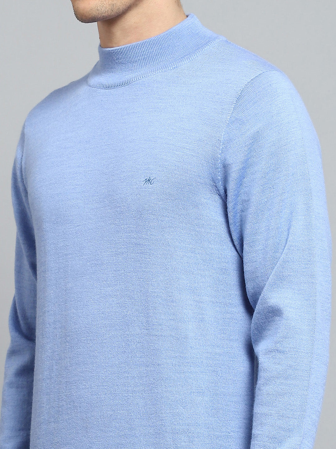Men Blue Solid Mock Neck Full Sleeve Pullover