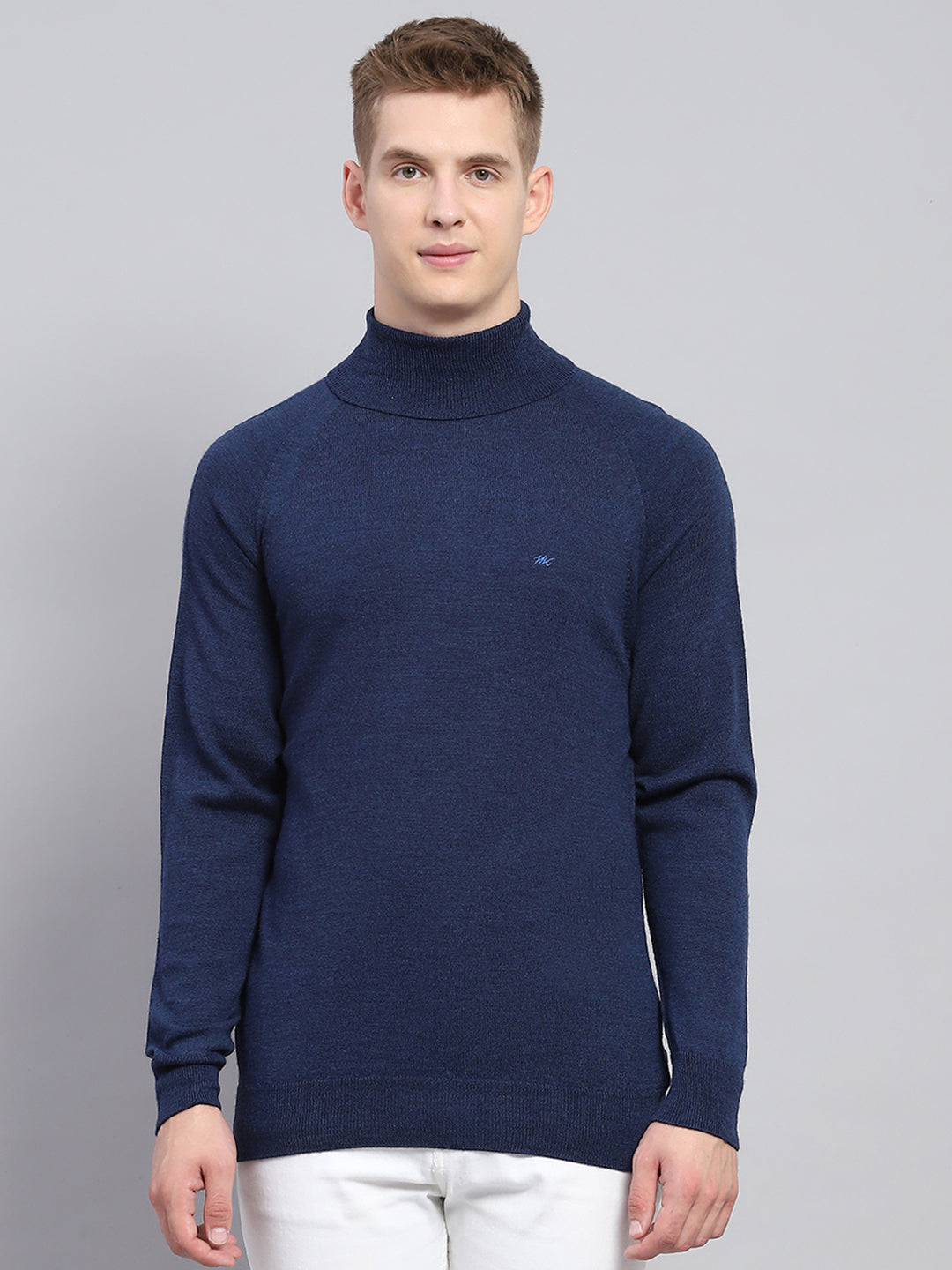 Buy Men Navy Blue Solid High Neck Full Sleeve Pullover Online in