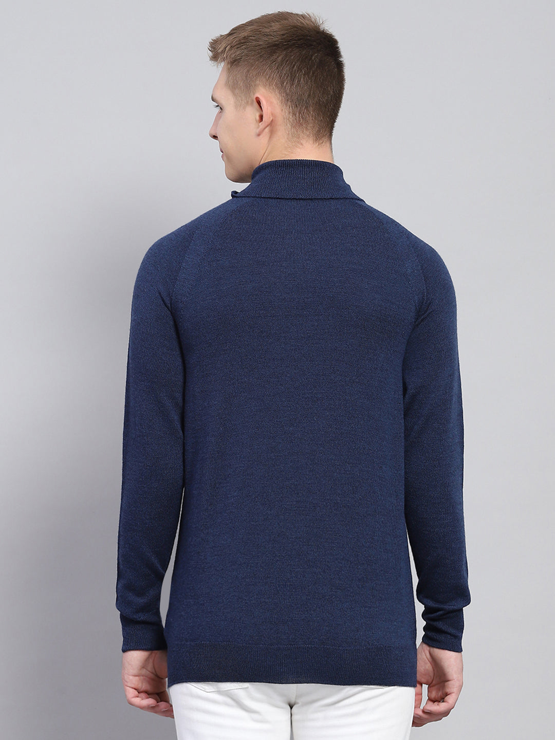 Men Navy Blue Solid High Neck Full Sleeve Pullover