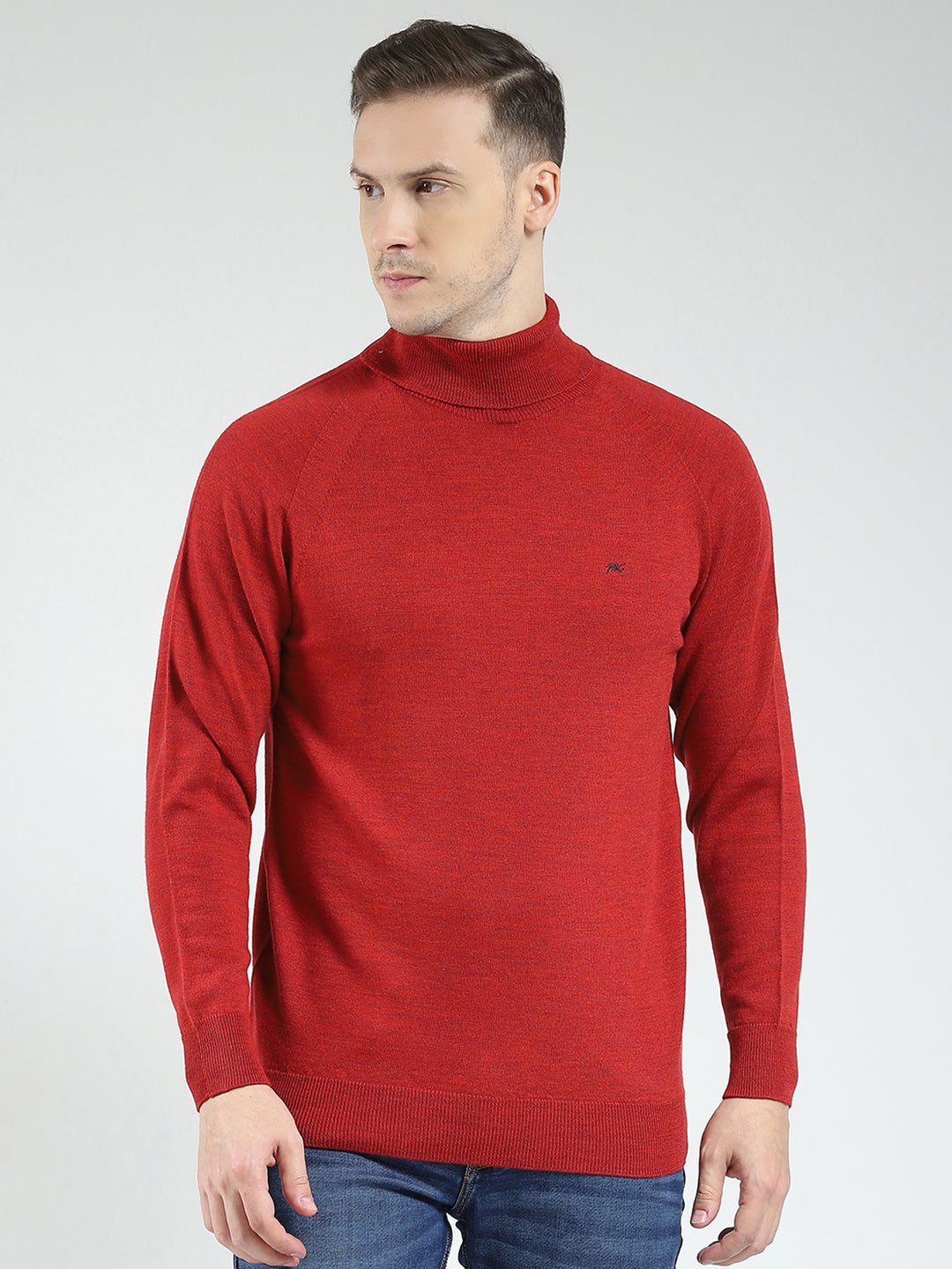 Men Maroon Solid High Neck Full Sleeve Pullover