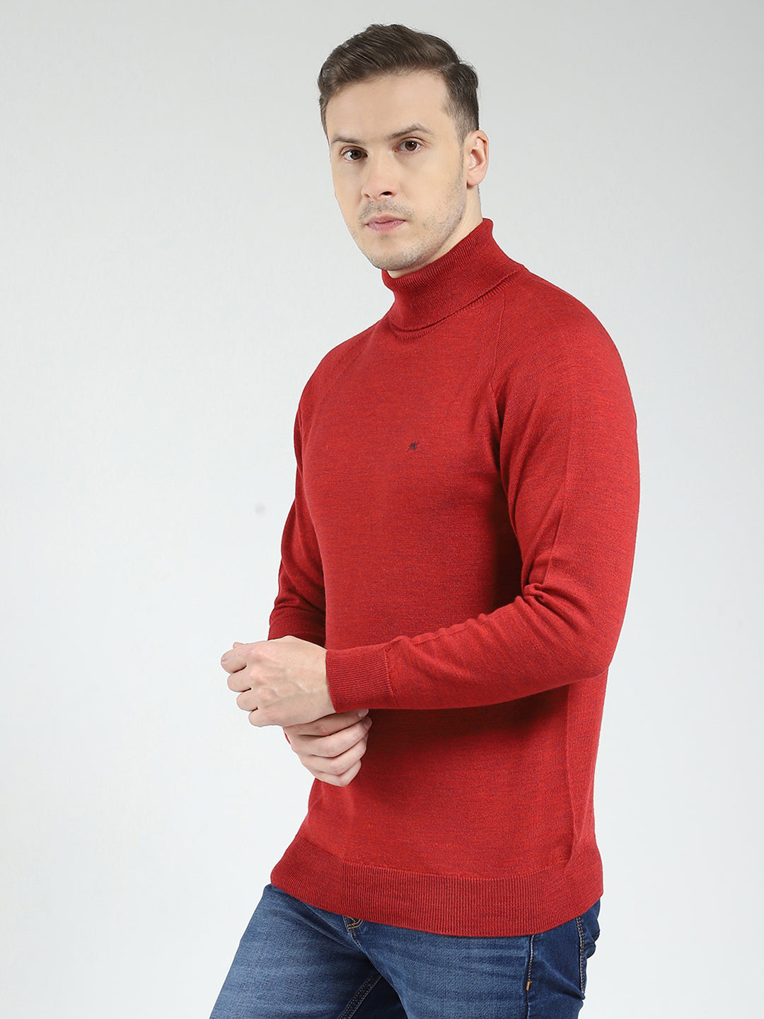 Men Maroon Solid High Neck Full Sleeve Pullover