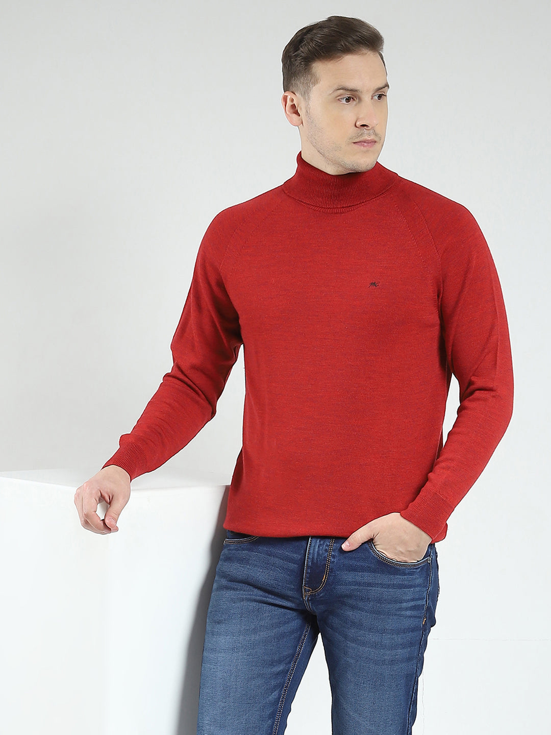 Men Maroon Solid High Neck Full Sleeve Pullover
