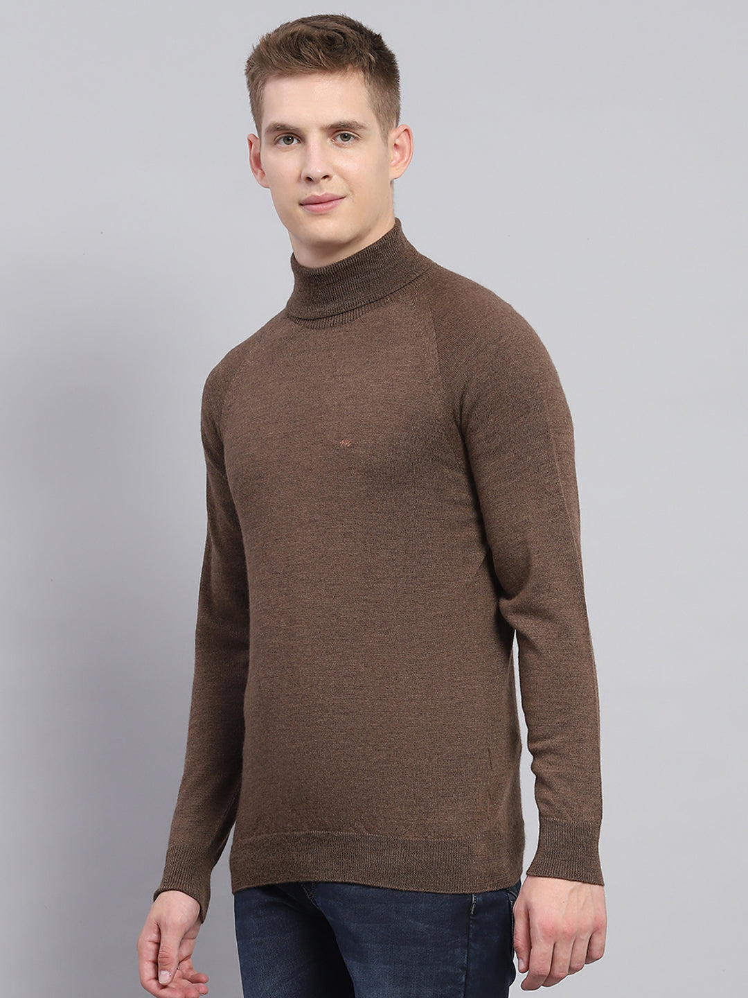 Men Brown Solid High Neck Full Sleeve Pullover