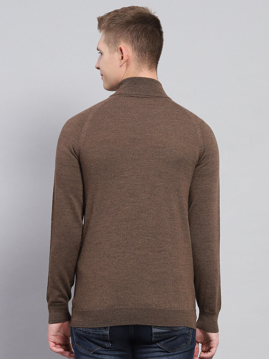Men Brown Solid High Neck Full Sleeve Pullover