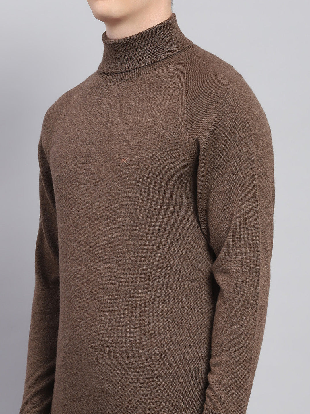 Men Brown Solid High Neck Full Sleeve Pullover