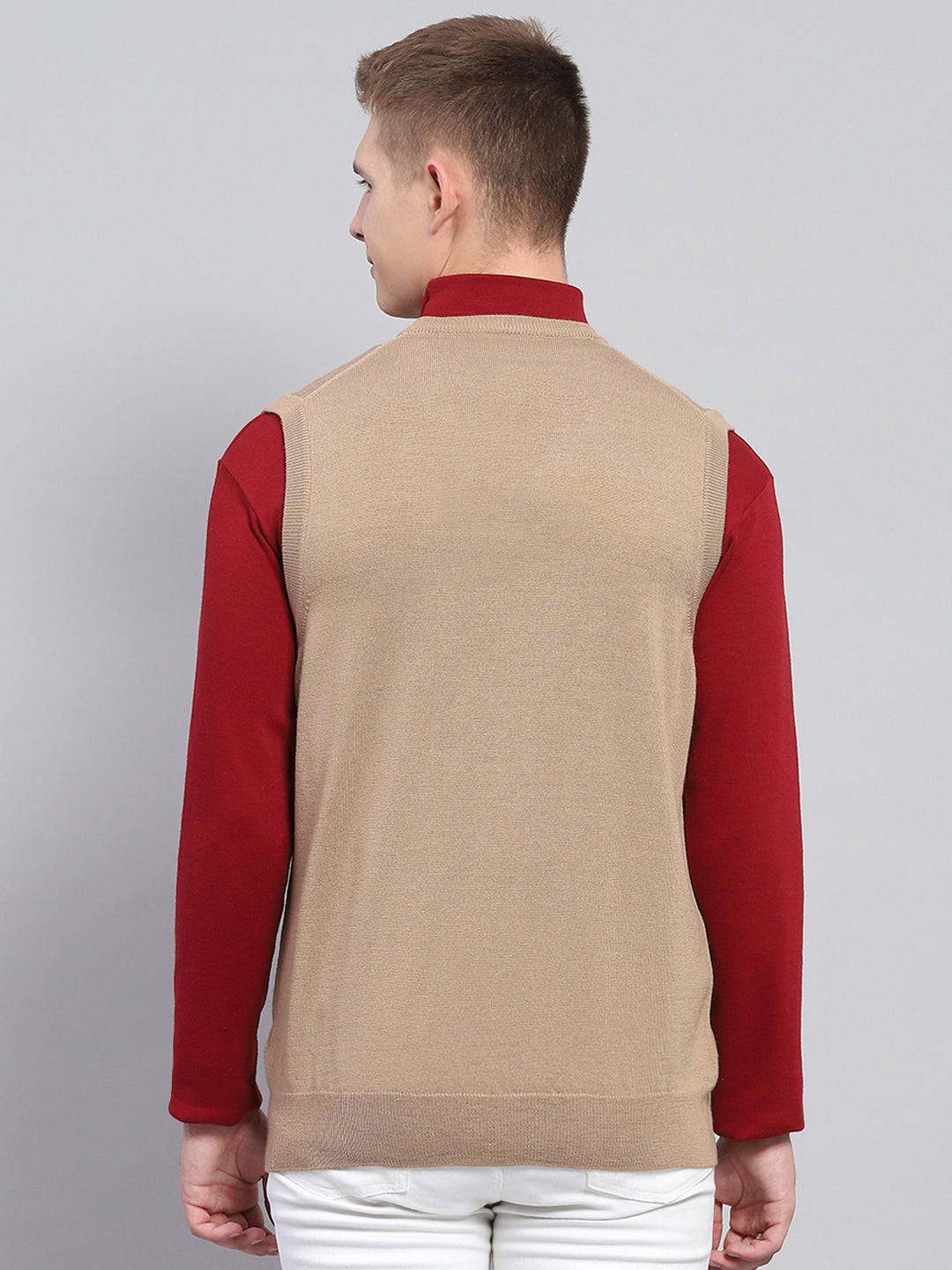 Men Beige Solid V Neck Sleeveless Sweater