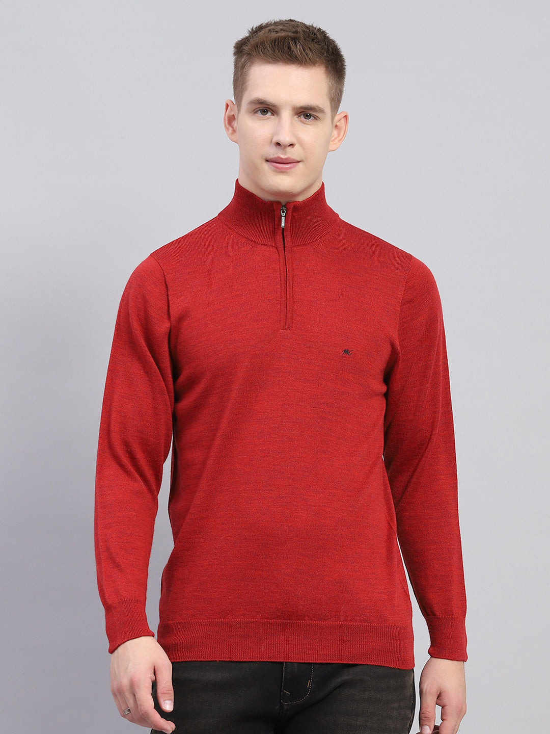 Men Maroon Solid Mock Neck Full Sleeve Pullover