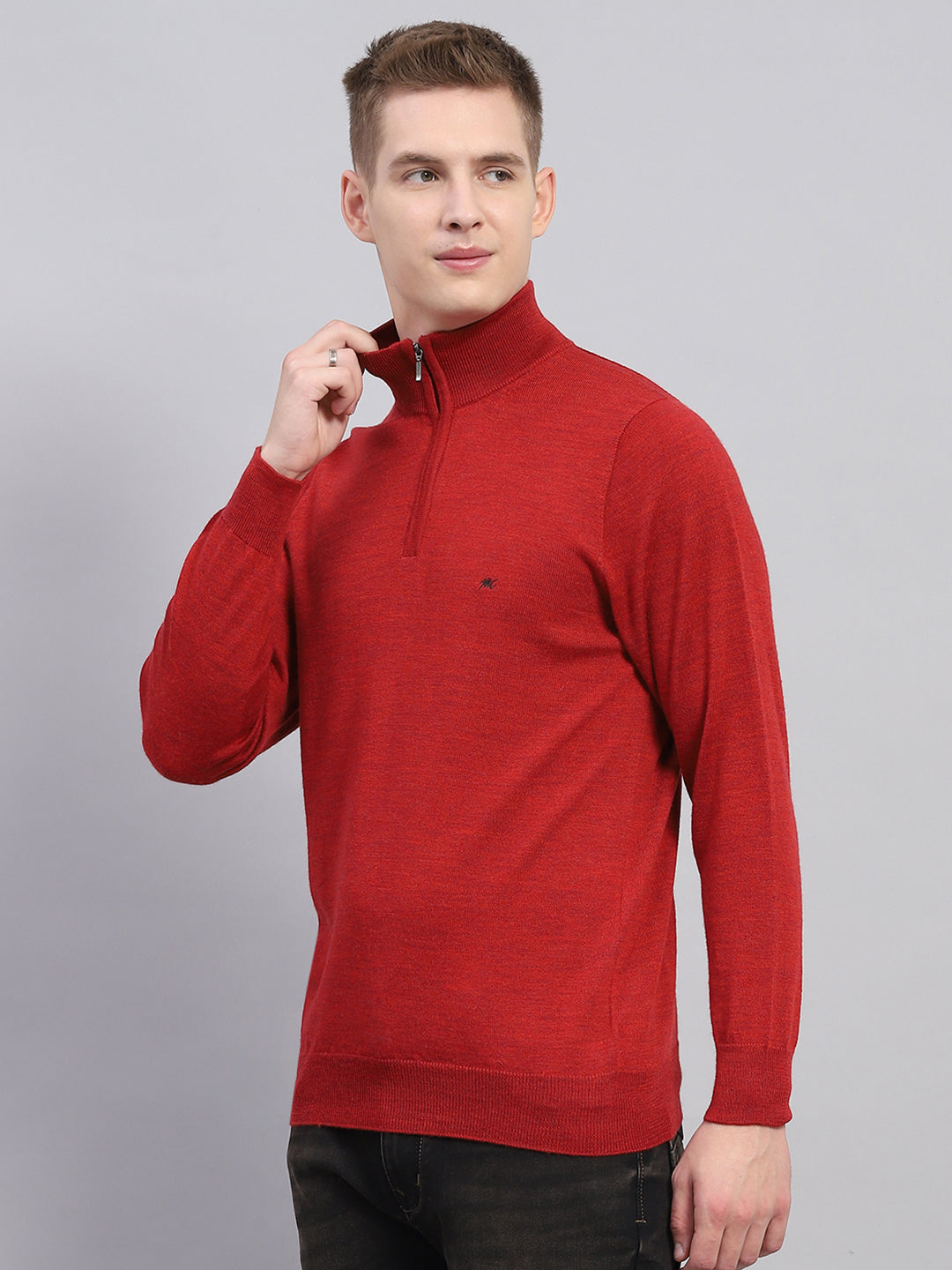 Men Maroon Solid Mock Neck Full Sleeve Pullover