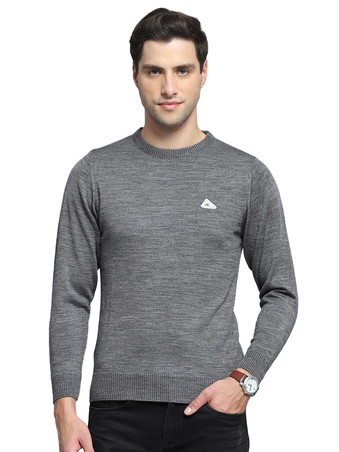 Men Grey Solid Round Neck Full Sleeve Pullover