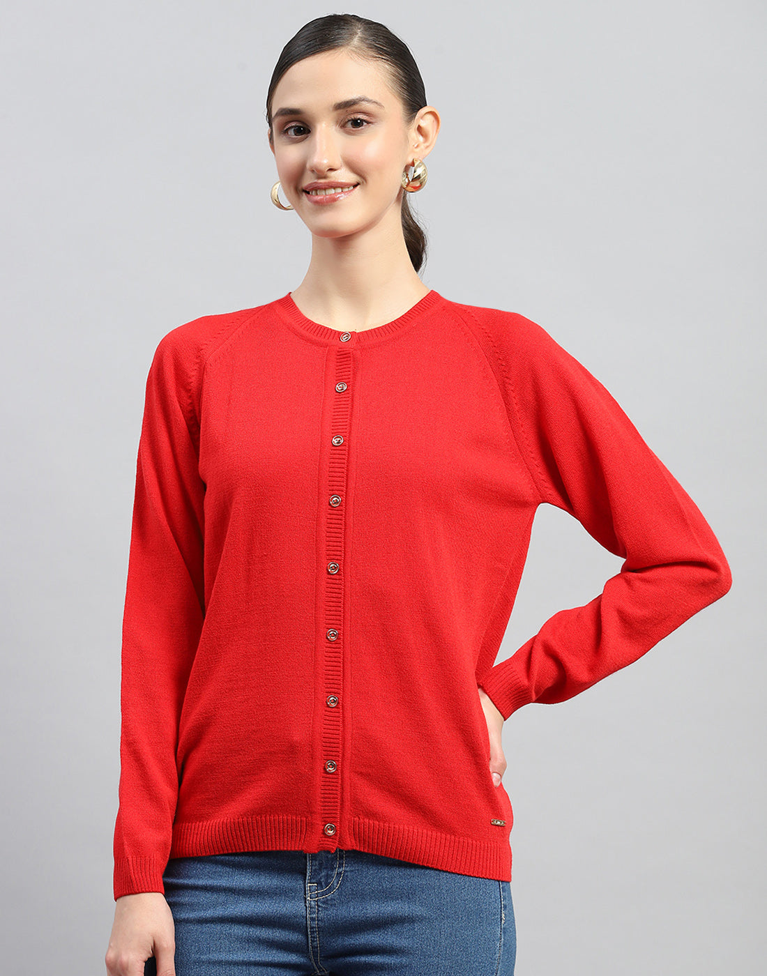 Women Red Solid Round Neck Full Sleeve Cardigan