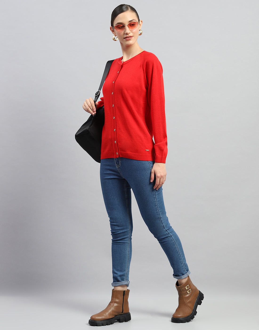 Women Red Solid Round Neck Full Sleeve Cardigan