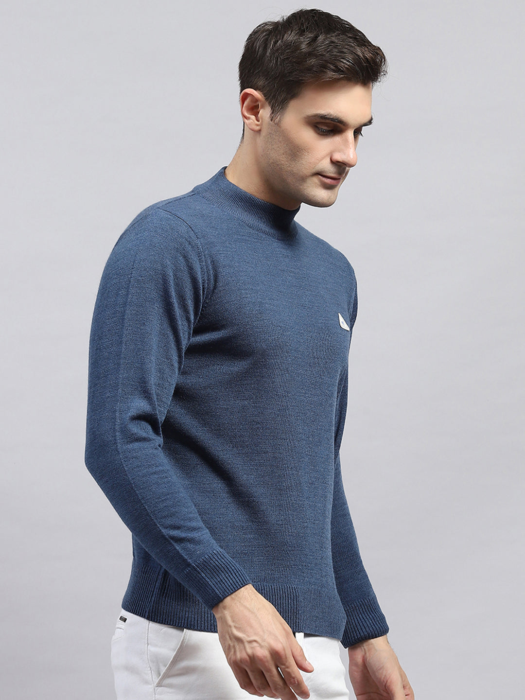 Men Blue Solid High Neck Full Sleeve Pullover