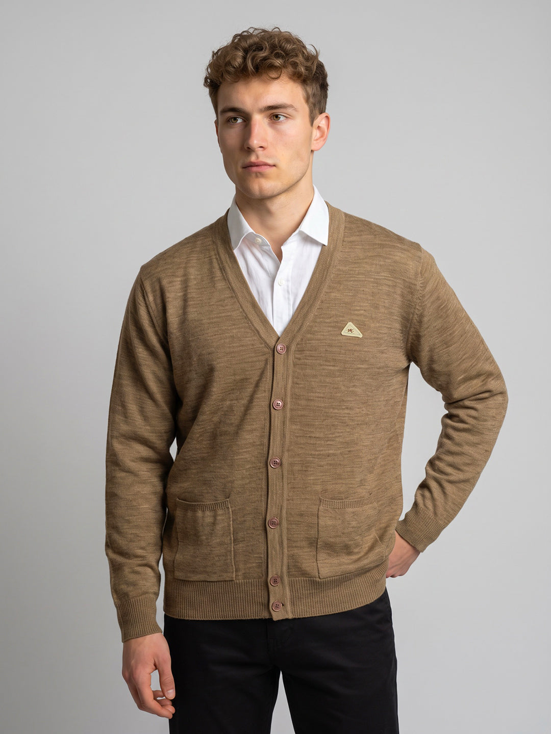 Men Tan Solid V Neck Full Sleeve Cardigan
