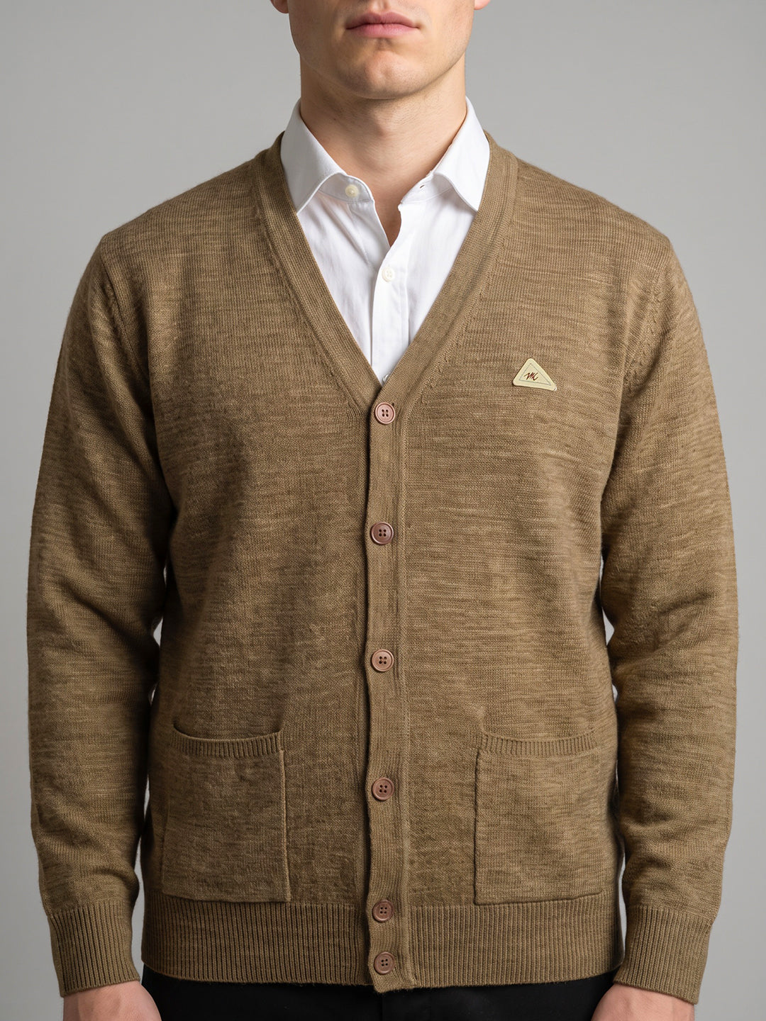 Men Tan Solid V Neck Full Sleeve Cardigan