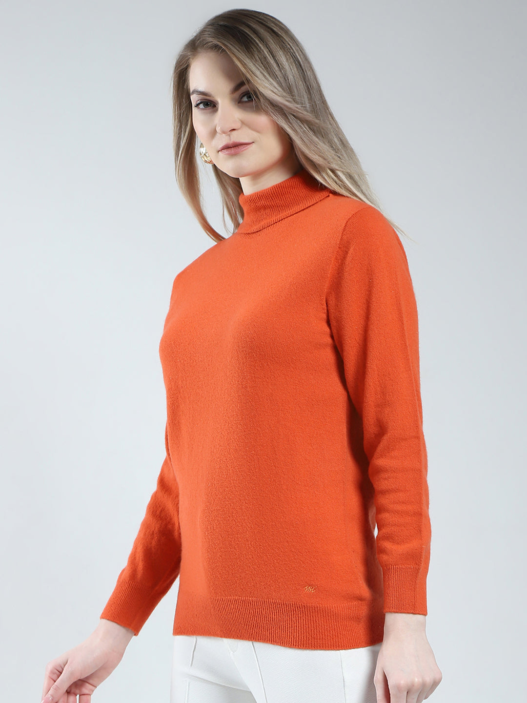 Women Orange Solid High Neck Full Sleeve Winter Top