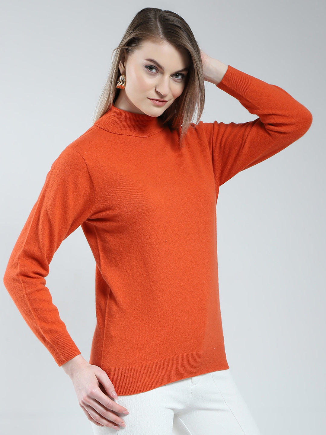 Women Orange Solid High Neck Full Sleeve Winter Top