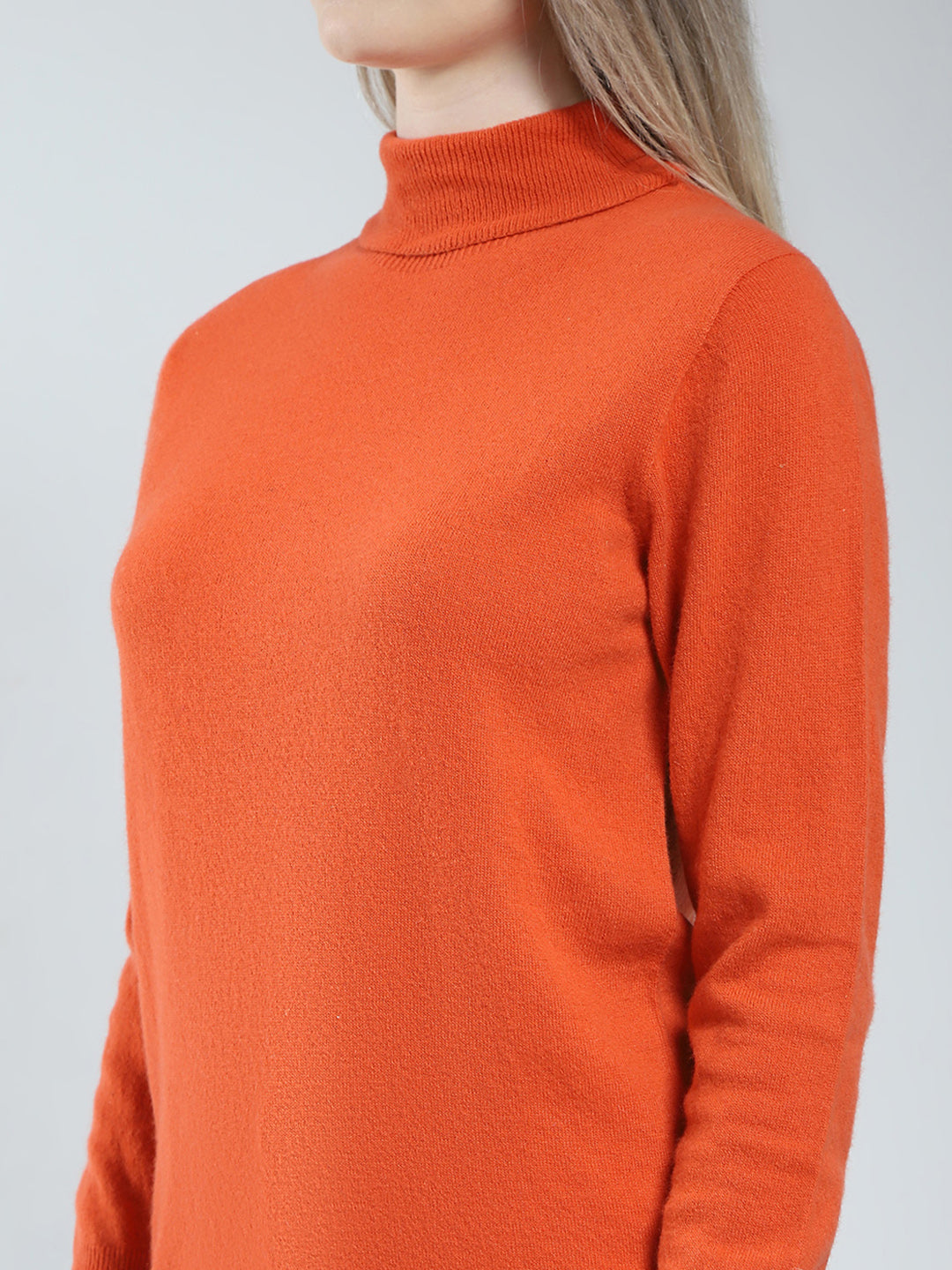 Women Orange Solid High Neck Full Sleeve Winter Top