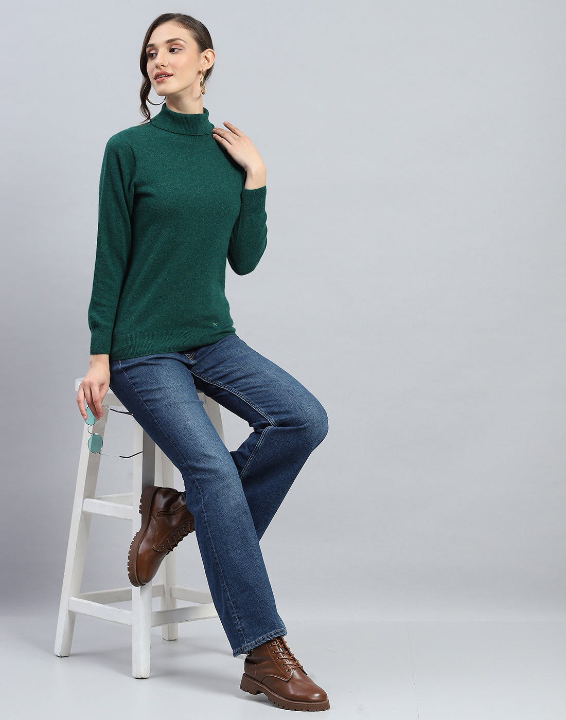 Buy Women Green Solid Turtle Neck Full Sleeve Winter Top Online in