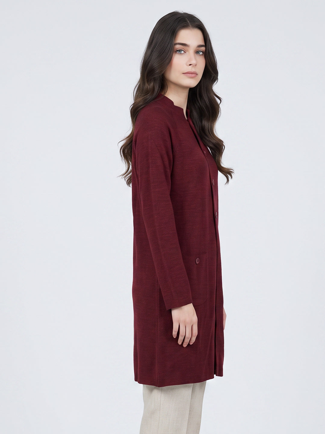Women Maroon Solid Mandarin Collar Raglan Sleeve Cardigan
