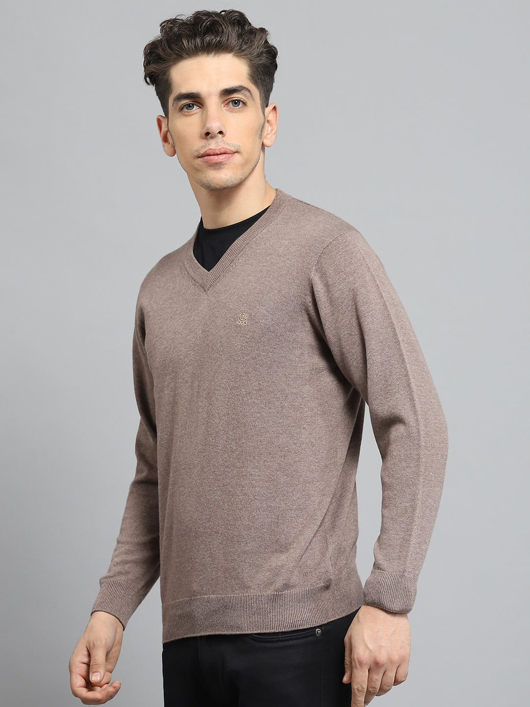 Men Khaki Solid V Neck Full Sleeve Pullover