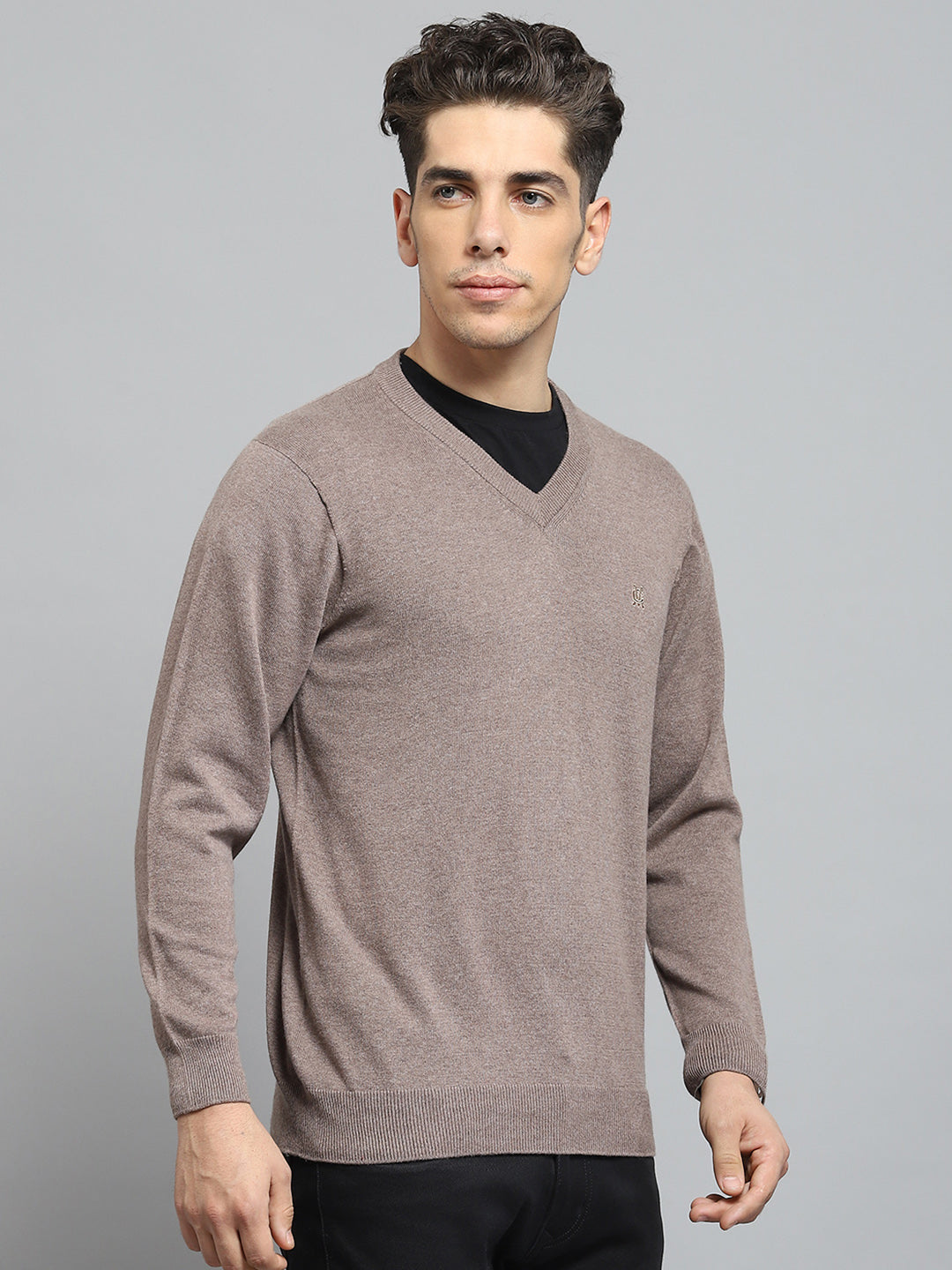 Men Khaki Solid V Neck Full Sleeve Pullover
