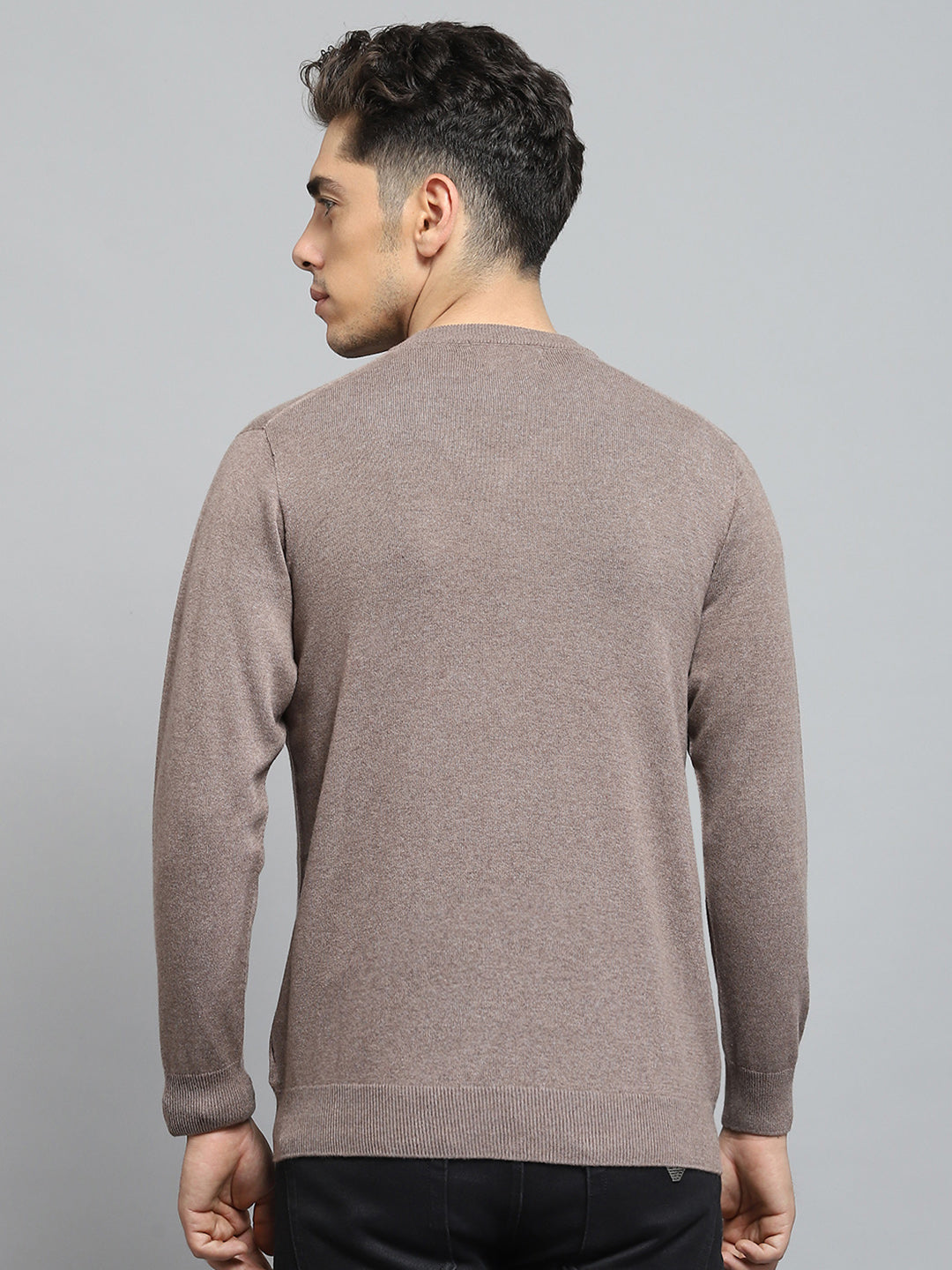 Men Khaki Solid V Neck Full Sleeve Pullover