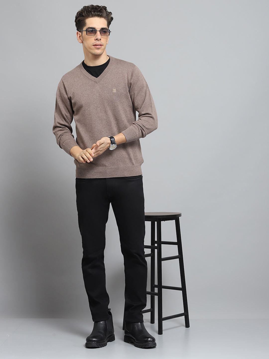 Men Khaki Solid V Neck Full Sleeve Pullover