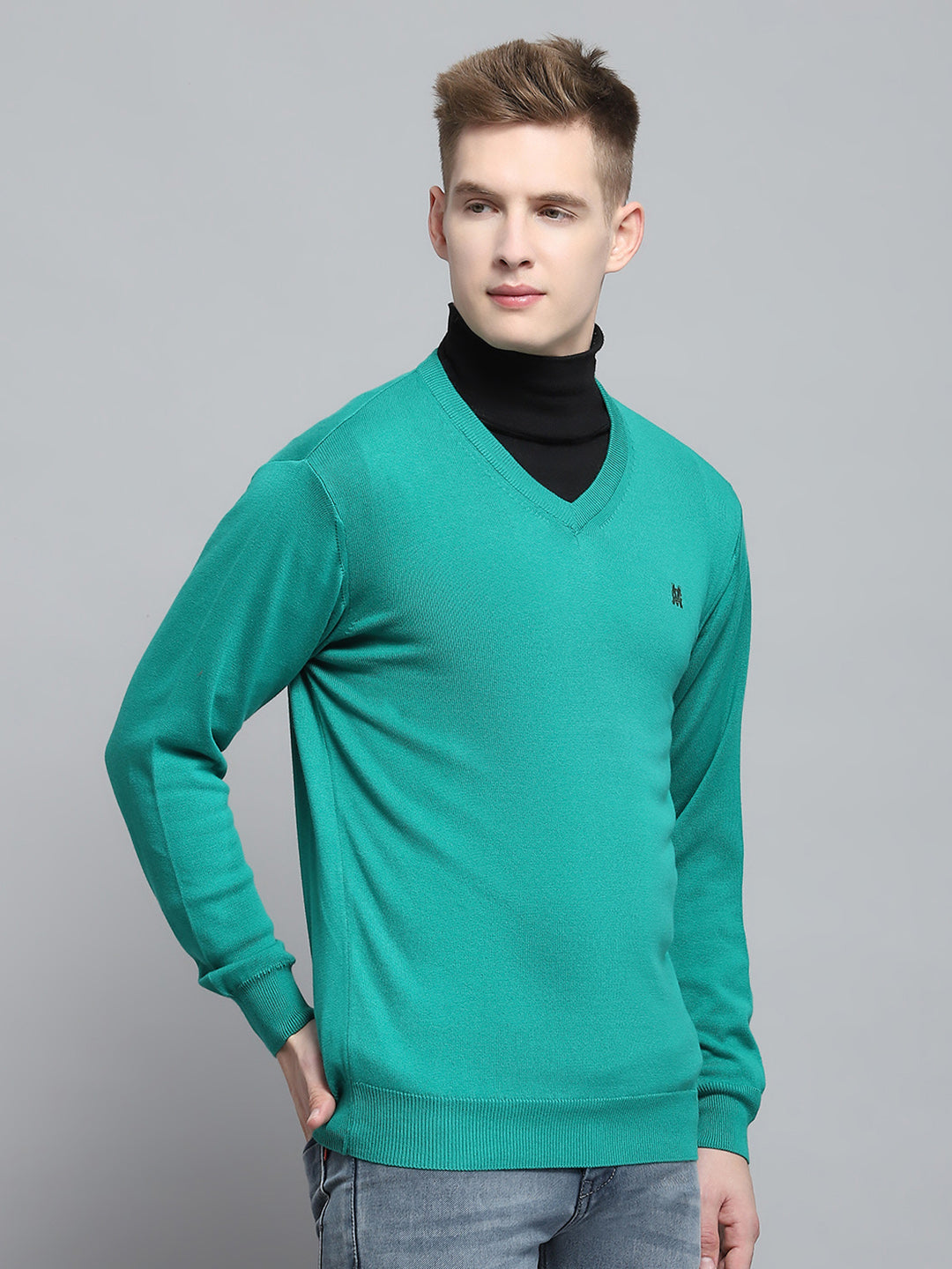 Men Green Solid V Neck Full Sleeve Pullover