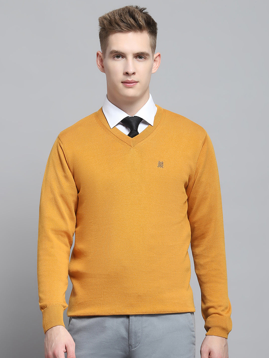 Men Mustard Solid V Neck Full Sleeve Pullover