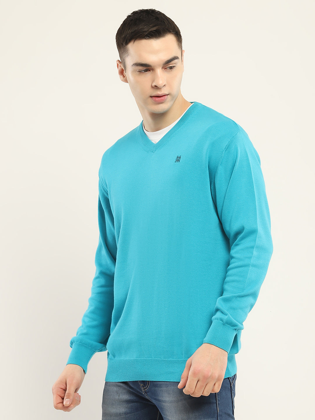 Men Blue Solid V Neck Full Sleeve Pullover