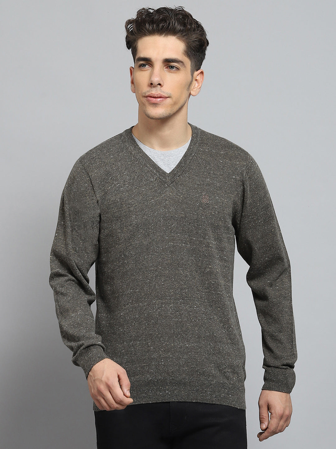 Men Olive Solid V Neck Full Sleeve Pullover