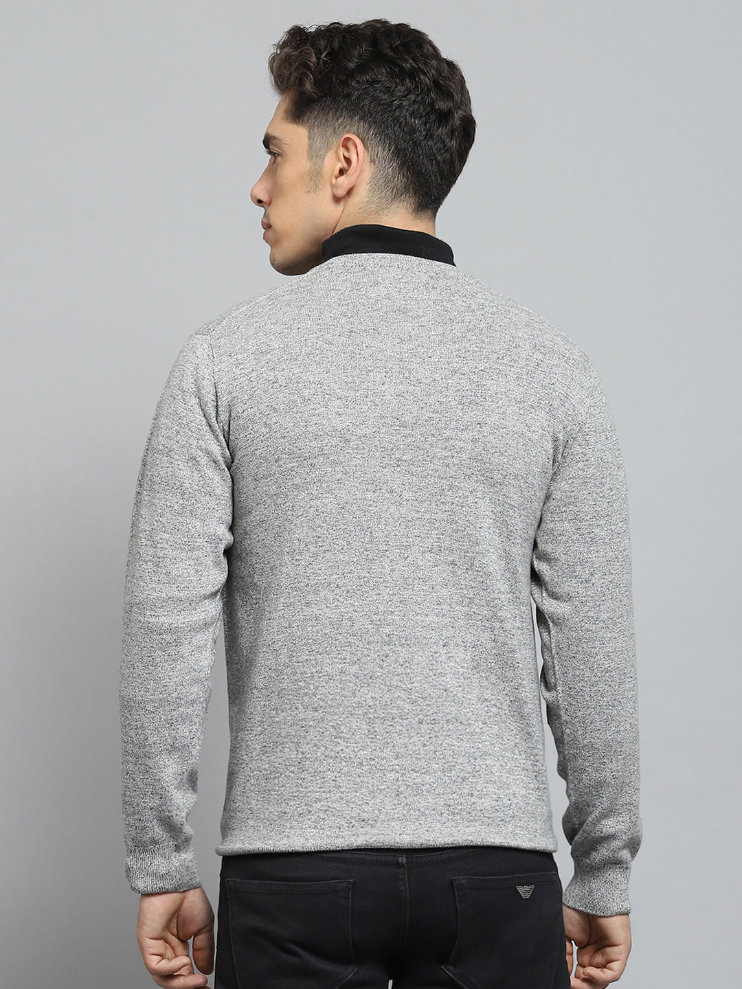 Men Grey Solid V Neck Full Sleeve Pullover