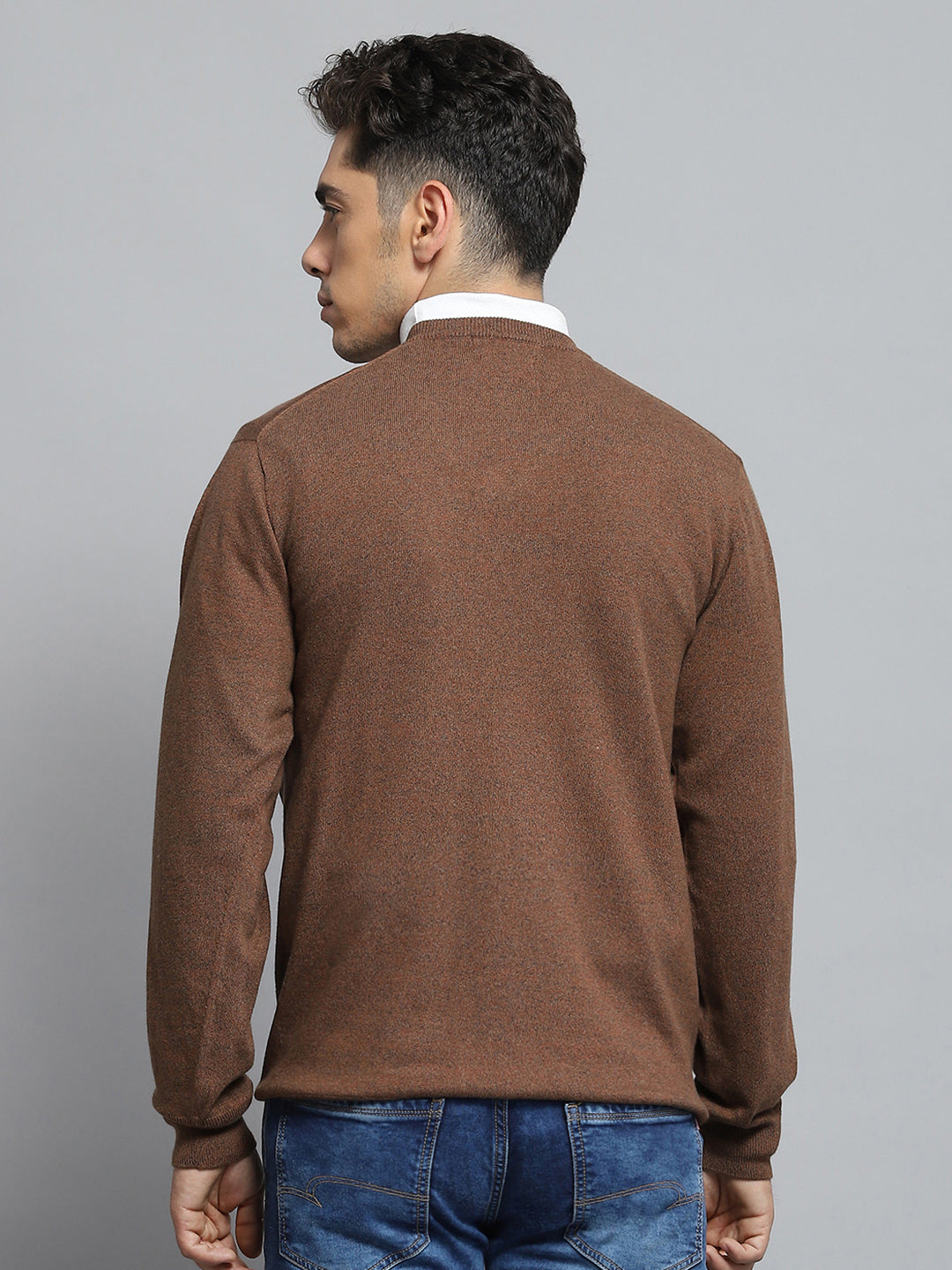 Men Brown Solid V Neck Full Sleeve Pullover