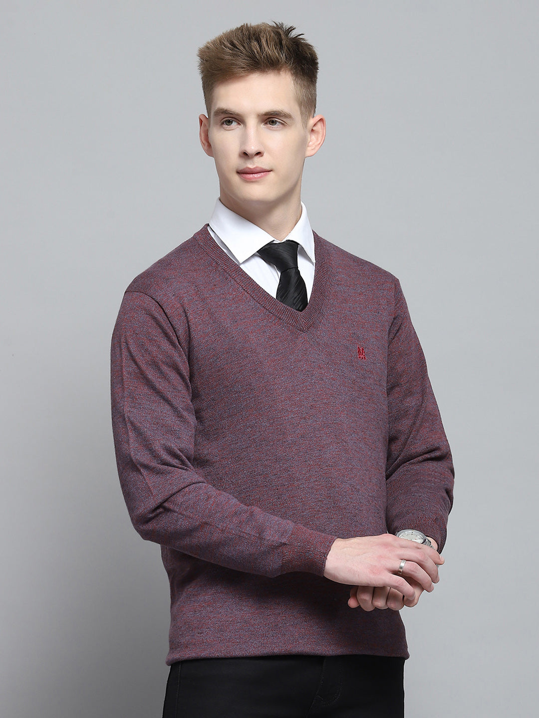 Men Purple Solid V Neck Full Sleeve Pullover