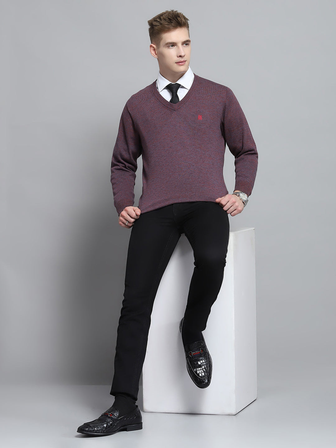 Men Purple Solid V Neck Full Sleeve Pullover
