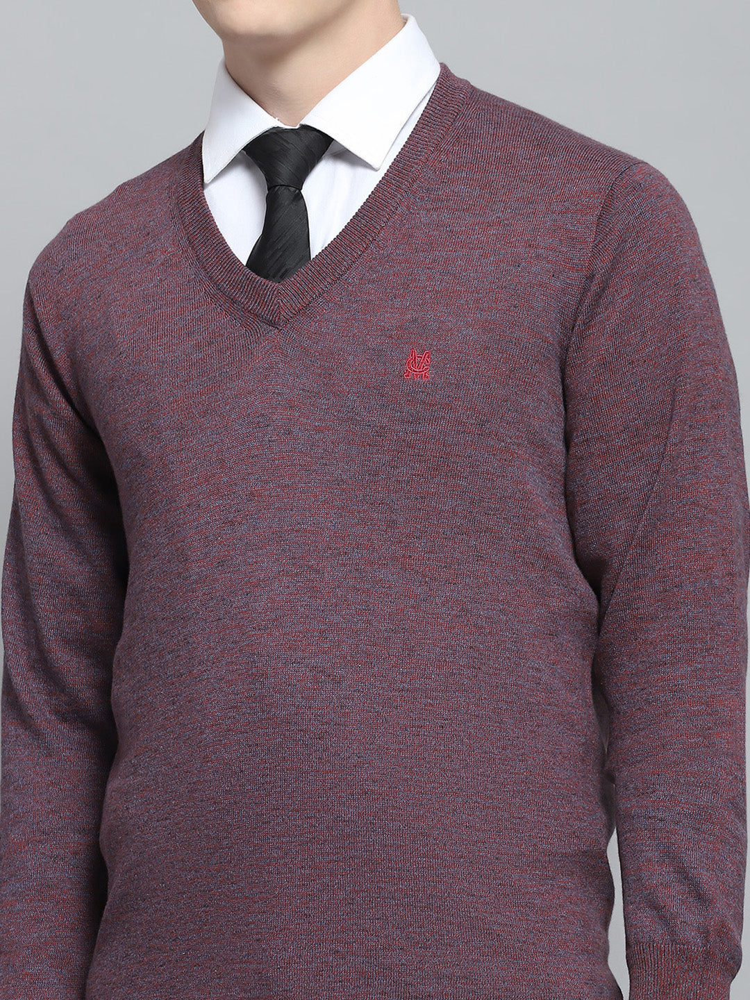 Men Purple Solid V Neck Full Sleeve Pullover