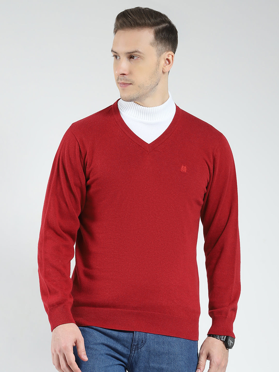 Men Maroon Solid V Neck Full Sleeve Pullover