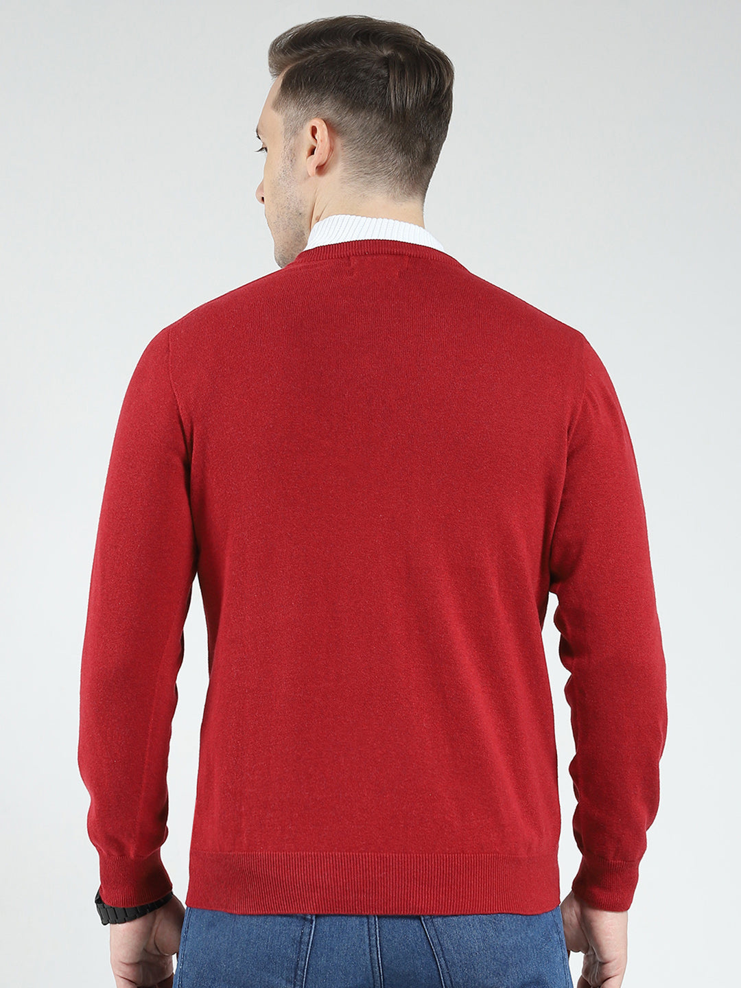 Men Maroon Solid V Neck Full Sleeve Pullover