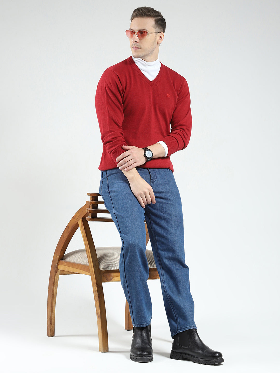 Men Maroon Solid V Neck Full Sleeve Pullover