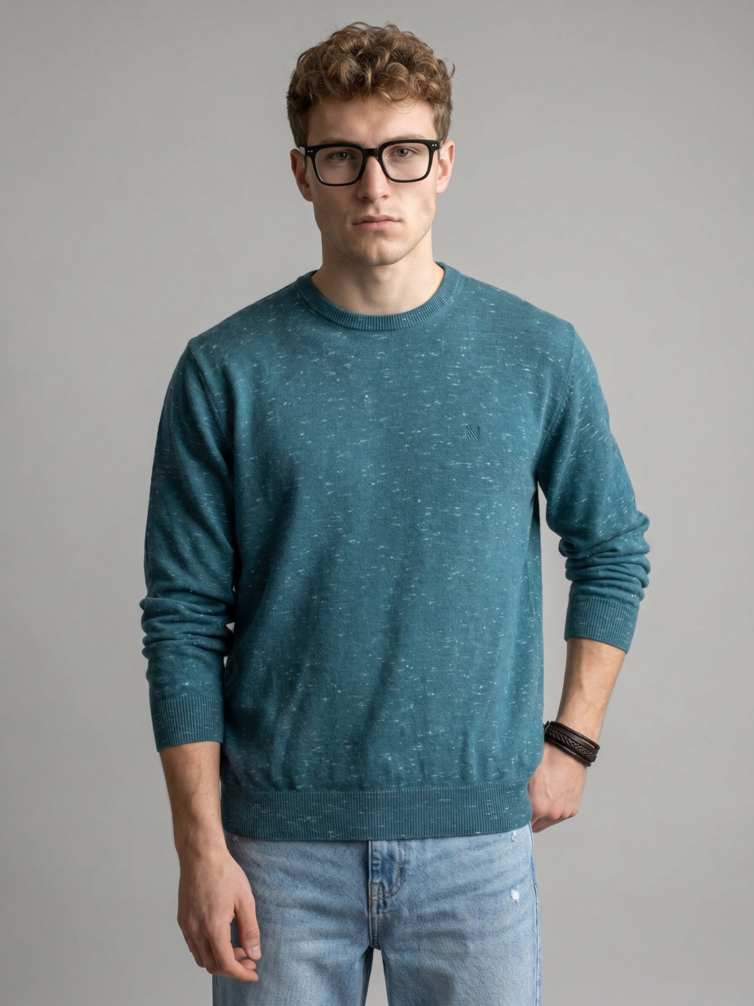 Men Blue Melange Round Neck Full Sleeve Pullover