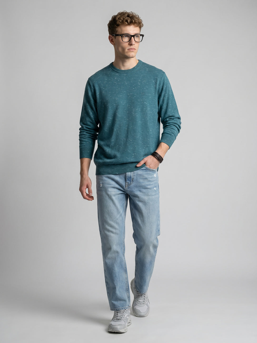 Men Blue Melange Round Neck Full Sleeve Pullover