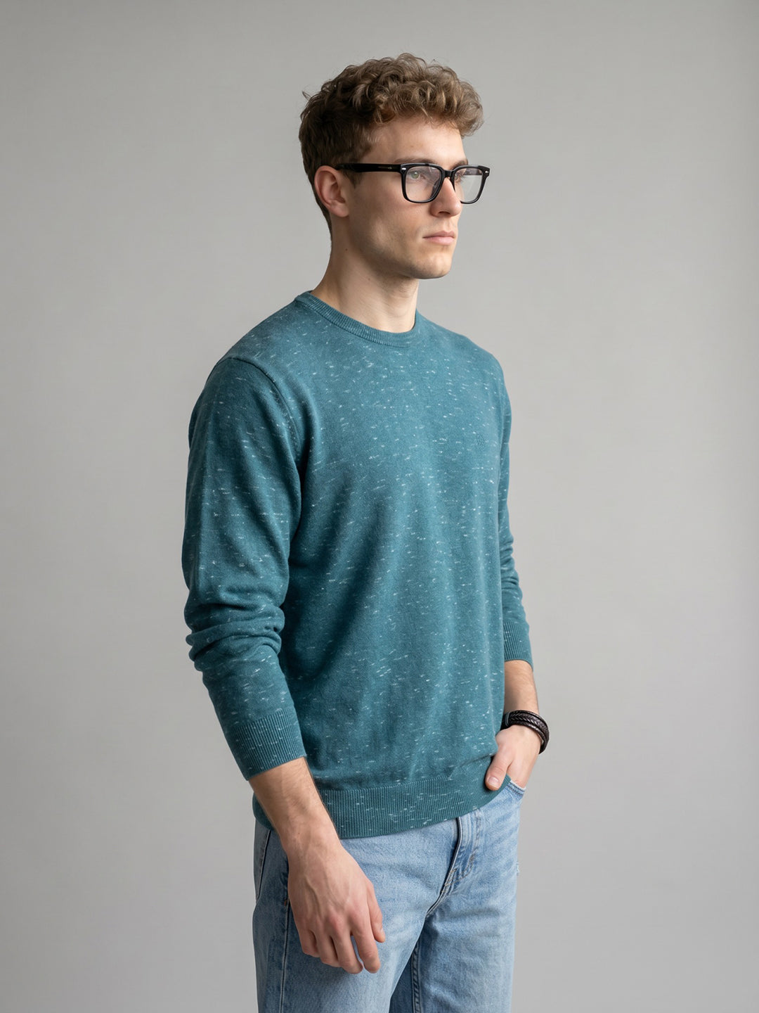 Men Blue Melange Round Neck Full Sleeve Pullover