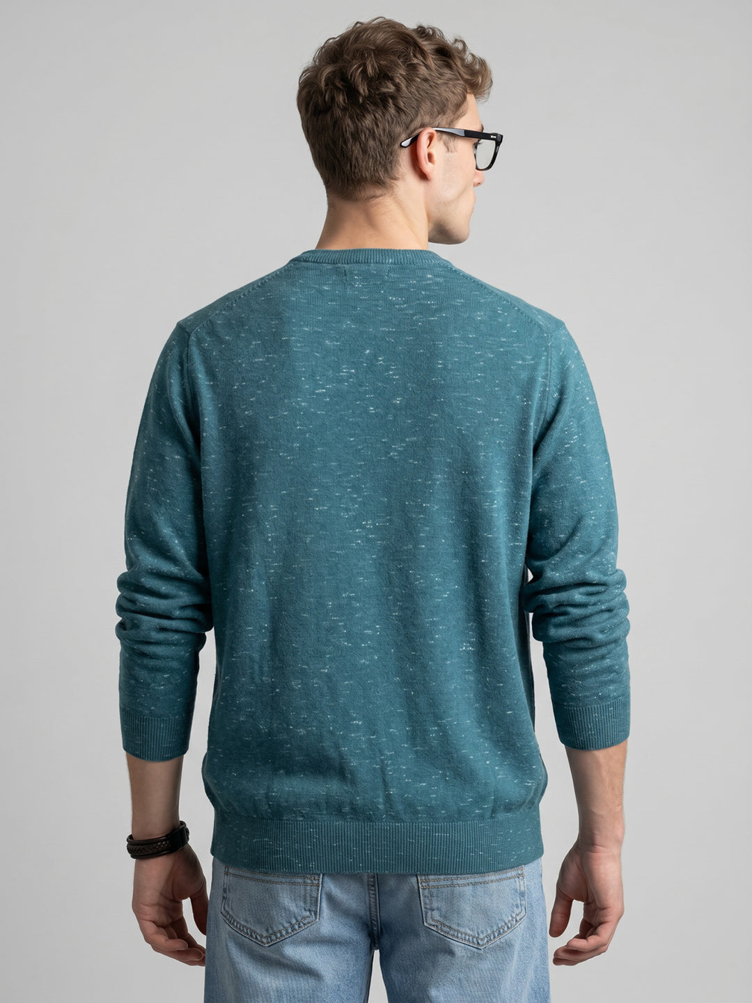 Men Blue Melange Round Neck Full Sleeve Pullover