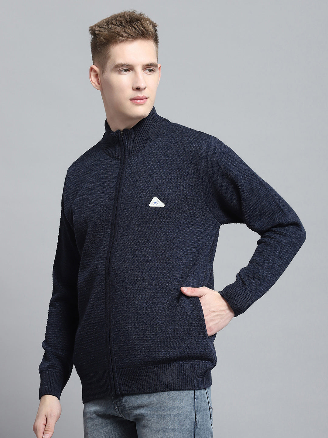Men Navy Blue Solid V Neck Full Sleeve Pullover