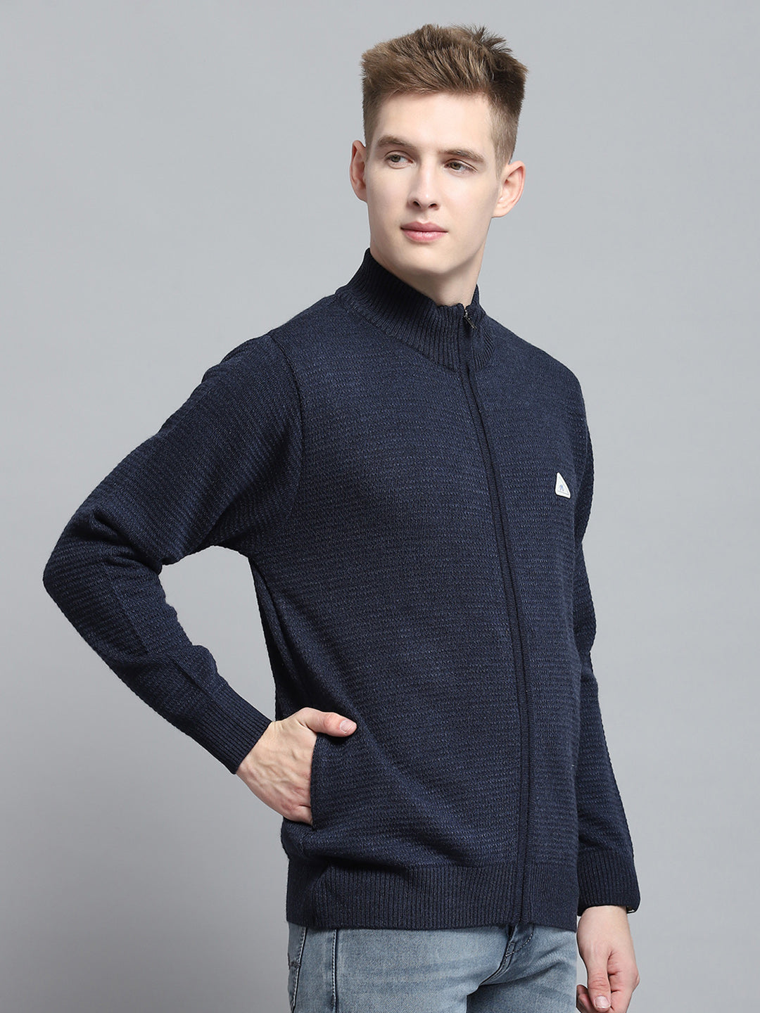 Men Navy Blue Solid V Neck Full Sleeve Pullover